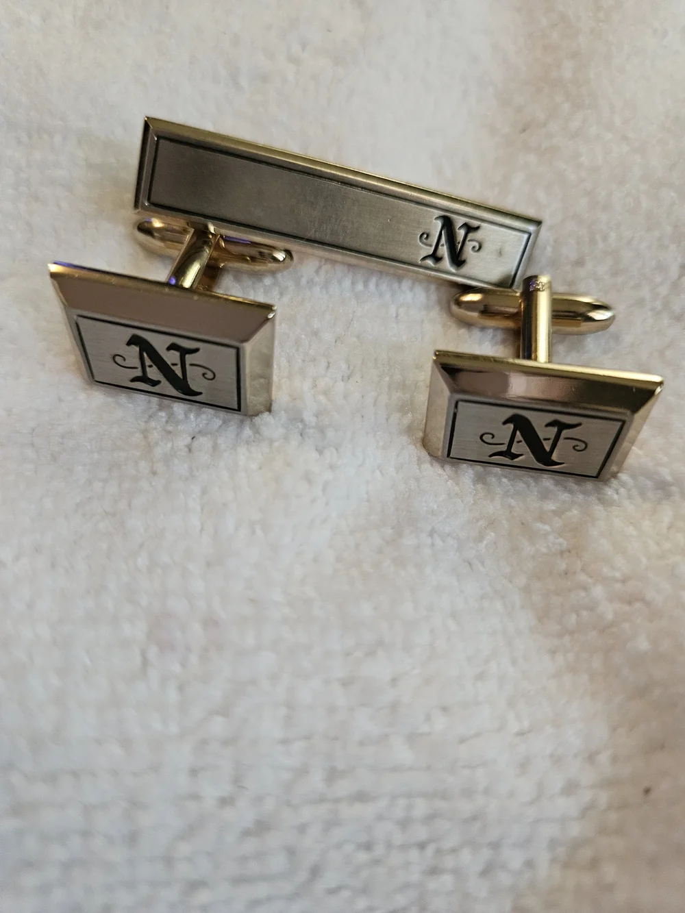 Gold-Tone 'N' Monogram Cufflinks and Tie Bar Set